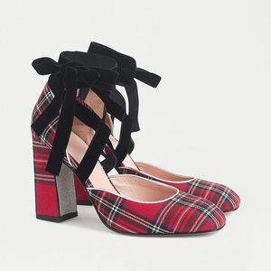 Red Stewart tartan round-toe lace-up pumps with glitter sole